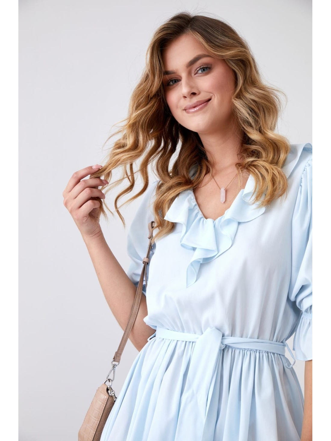 Subtle dress with ruffles at the neckline, light blue 30440 - Online store - Boutique